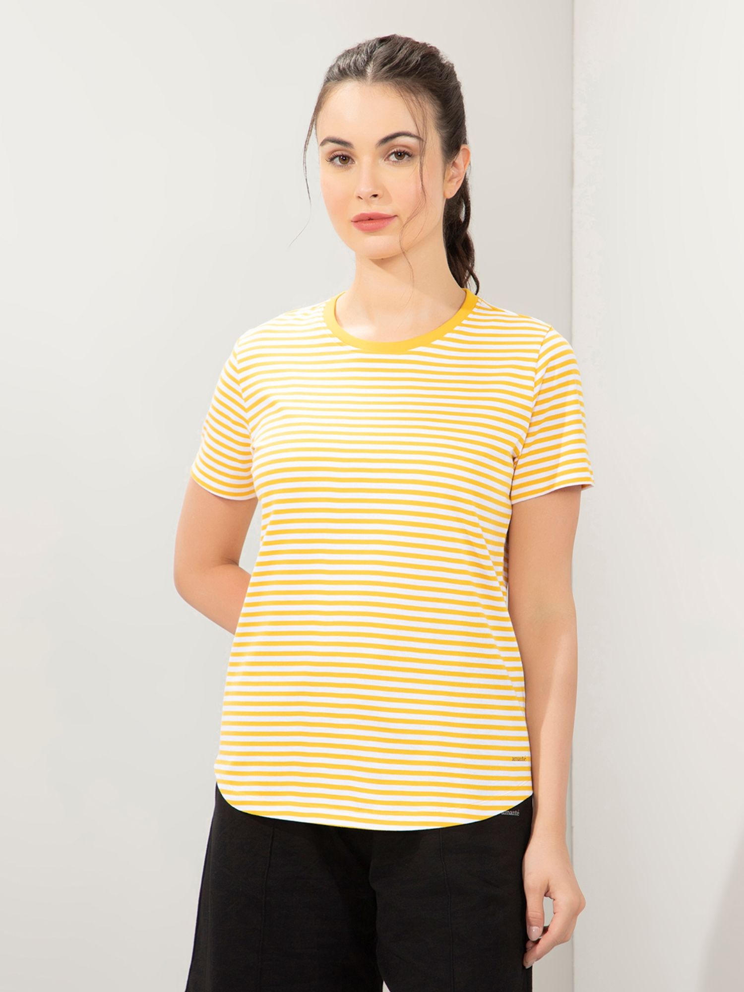 Women Crew Neck Relaxed Fit Essential Stripe T-shirt-Yellow-image-10
