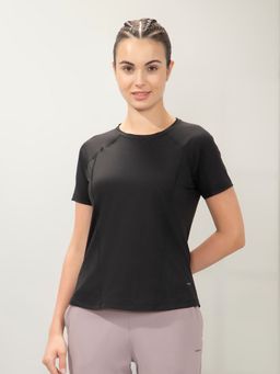 Amante - Women Relaxed Fit Round Neck Raglan Sleeves Solid T-Shirt-Black