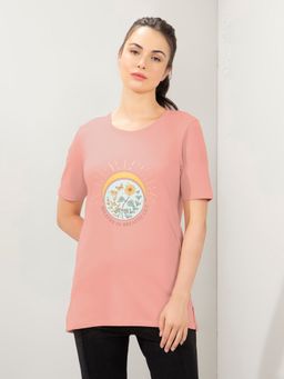 Amante - Women Relaxed Fit Printed Short Sleeves T-Shirt With Side Slits-Pink