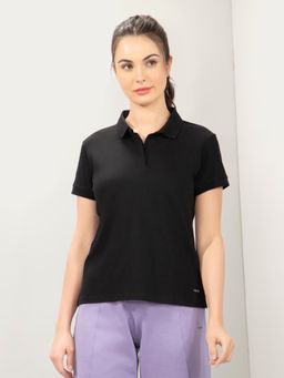 Amante - Women Collar Neck Straight Fit Solid Polo T-Shirt-Black