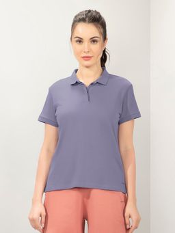 Amante - Women Collar Neck Straight Fit Solid Polo T-Shirt-Purple