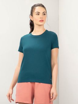 Amante - Women Crew Neck Regular Fit Round Neck Solid T-Shirt-Teal