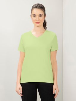 Amante - Women V-Neck Regular Fit Round Neck Solid T-Shirt-Green