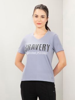 Amante - Women V-Neck Regular Fit Printed T-Shirt-Blue