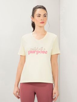 Amante - Women V-Neck Regular Fit Printed T-Shirt-Cream