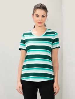 Amante - Women V-Neck Relaxed Fit Stripe T-Shirt-Green