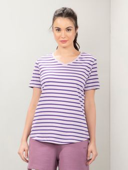Amante - Women V-Neck Relaxed Fit Stripe T-Shirt-Purple