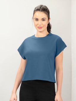 Amante - Women Round Neck Relaxed Fit Solid Essential T-shirt-Blue