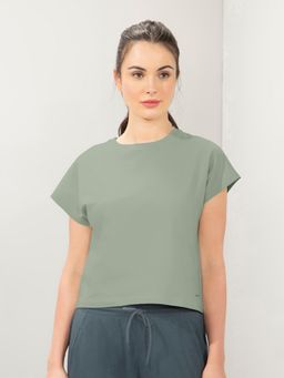 Amante - Women Round Neck Relaxed Fit Solid Essential T-shirt-Green
