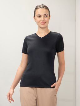 Amante - Women Dry Relaxed Fit Solid Energize Active V Neck T-shirt-Black