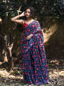 Suta - Blue Floral Printed Pure Cotton Saree