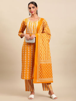Vastramyaa - Women Mustard Yellow Ethnic Motifs Printed Kurta with Dupatta (Set of 3)