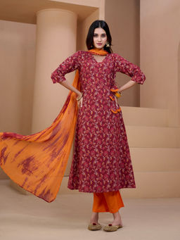 Vastramyaa - Womens Maroon & Orange Printed A-Line Kurta with Trouser & Dupatta (Set of 3)
