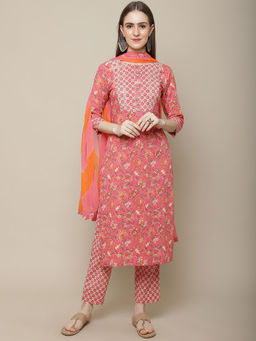 Vastramyaa - Womens Pink & Multi Floral Zari Work Kurta with Trouser & Dupatta (Set of 3)