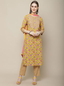 Vastramyaa - Womens Yellow Floral Printed Kurta with Trouser & Dupatta (Set of 3)