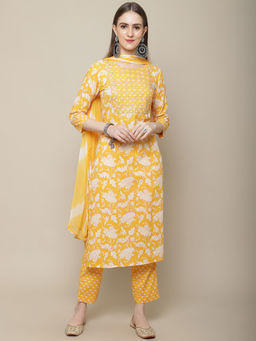 Vastramyaa - Womens Yellow & White Floral Printed Kurta with Trouser & Dupatta (Set of 3)