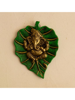 eCraftIndia - Gold & Green Lord Ganesha On Green Leaf Metal Wall Hanging