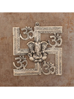 eCraftIndia - Silver Lord Ganesha On Om Swastik Symbol Metal Wall Hanging