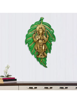 eCraftIndia - Gold & Green Standing Chaturbhuj Lord Ganesha On Leaf Metal Wall Hanging Art
