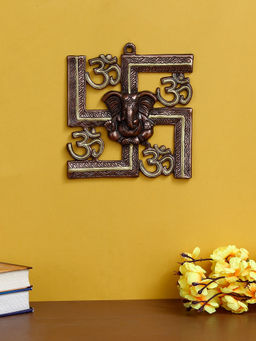 eCraftIndia - Brown Swastik Om Symbol Lord Ganesha Metal Wall Hanging Art