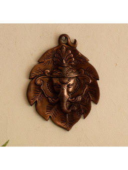 eCraftIndia - Brown Metal Lord Ganesha Head on Creative Leaf Wall Hanging