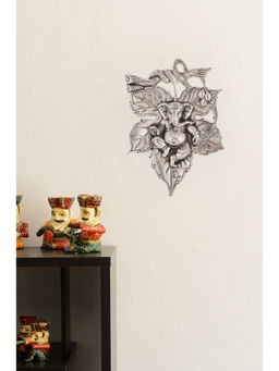 eCraftIndia - Silver Metal Lord Ganesha On Leaf Wall Hanging