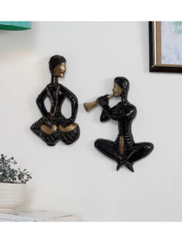 eCraftIndia - Black Jugalbandi Musicians Antique Finish Brass Wall Hangings (Pack of 2)