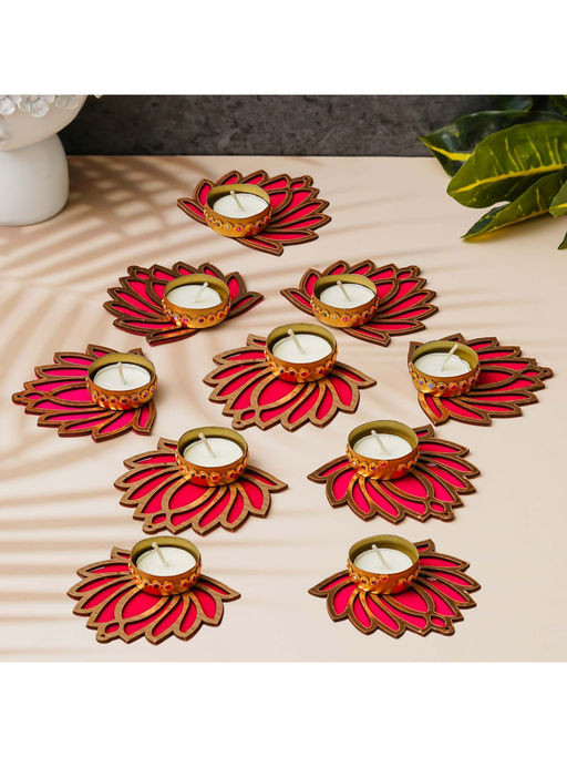 eCraftIndia Gold & Pink Lotus Flower Decorative Tea Light Candle Holders (Pack of 10)