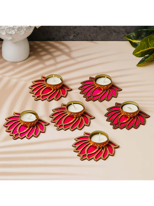 eCraftIndia Gold & Pink Lotus Flower Decorative Tea Light Candle Holders (Pack of 6)