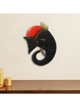 eCraftIndia - Red & Black Lord Ganesha Mor Pankh Handcrafted Decorative Iron Wall Hanging