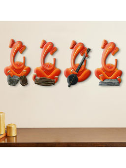 eCraftIndia - Orange Musician Lord Ganesha Handcrafted Iron Wall Hangings (Pack of 4)