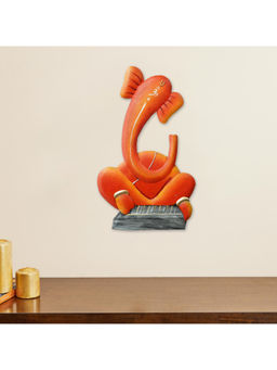 eCraftIndia - Orange Musician Lord Ganesha playing Tabla Handcrafted Iron Wall Hanging