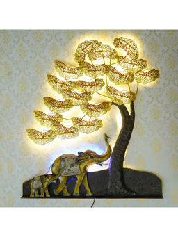 eCraftIndia - Multi-Color Elephant Family Under Leaves Tree Handcrafted Iron Wall Hanging
