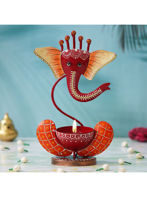eCraftIndia Red & Orange Lord Ganesha Iron Decorative Tea Light Candle Holder
