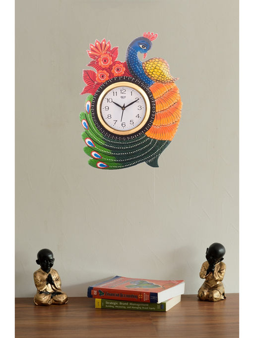 eCraftIndia Multi-Color Exotic and Stylish Colorful Peacock Wooden Handcrafted Wooden Wall Clock