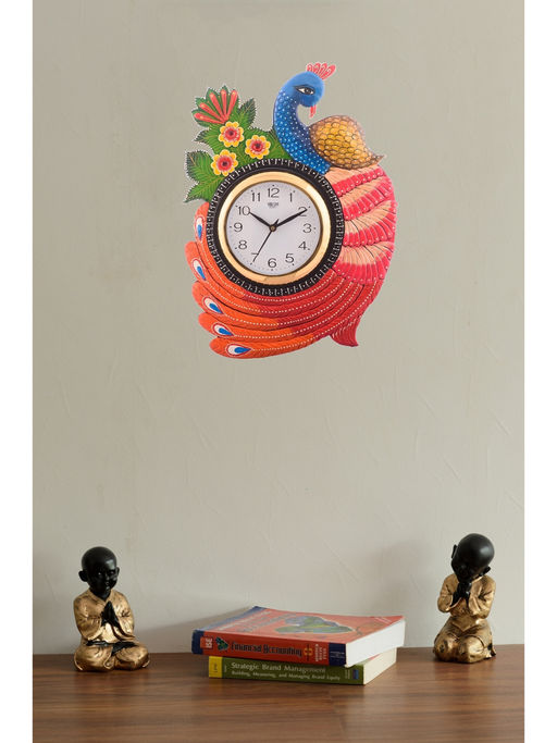 eCraftIndia Multi-Color Exotic and Stylish Colorful Peacock Wooden Handcrafted Wooden Wall Clock