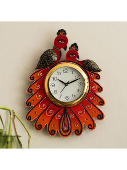 eCraftIndia - Red & Orange Handcrafted Papier-Mache 2 Peacocks Decorative Wall Clock