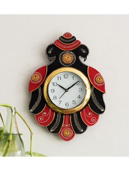 eCraftIndia - Black & Red Handcrafted Papier-Mache 2 Peacocks Decorative Wall Clock