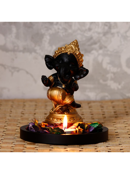 eCraftIndia Black Polyresin Lord Ganesha Idol Tea Light Candle Holder