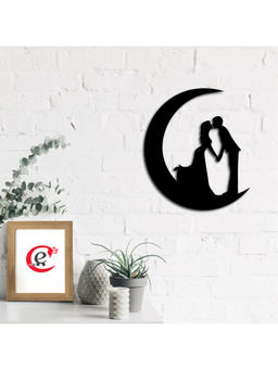 eCraftIndia - Black Loving Couple Kissing On The Moon Wooden Wall Decor for Living Room Bedroom