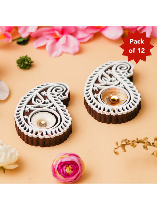 eCraftIndia Brown & White Buta Paisley Shaped Wooden Tea Light Candle Holders (Pack of 12)