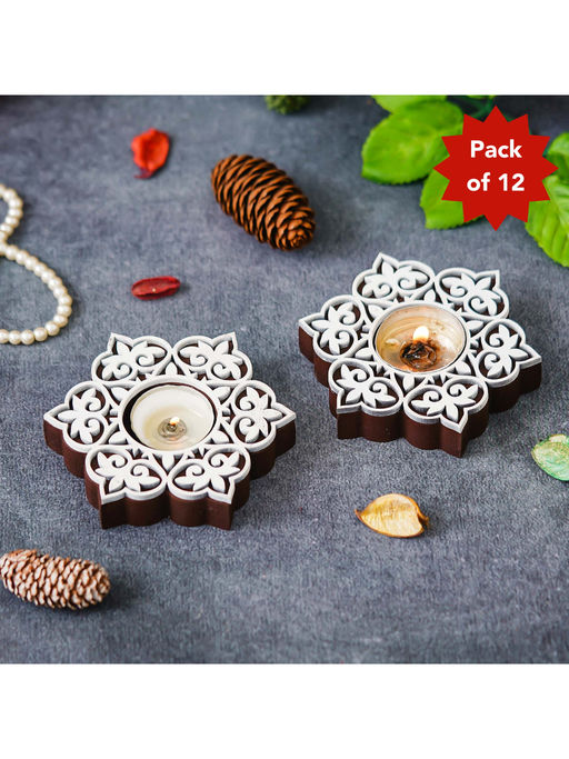 eCraftIndia White & Brown Wooden Floral Tea Light Candle Holders (Pack of 12)