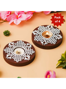 eCraftIndia - Brown & White Round Handcrafted Wooden Block Print Tea Light Candle Holders (Pack of 4)