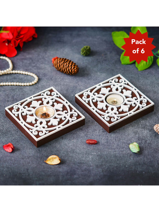 eCraftIndia Brown & White Square Wooden Floral Tea Light Candle Holders (Pack fo 6)