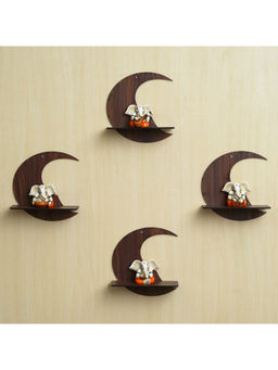 eCraftIndia - Brown Moon Shape Designer Wooden Wall Shelves (Pack of 4)