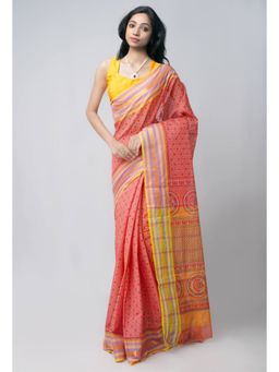 Unnati Silks - Red Pure Mangalgiri Hand Block Printed Cotton Saree with Unstitched Blouse