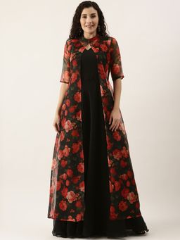 Ethnovog - Ready To Wear Multi-coloured Digital Print Organza Jacket N Black Dress (Set of 2)