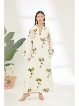 Nikasha - Off White Hand Painted Banana Tree Print Maxi Dress