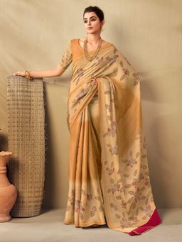 Akhilam - Women Tussar Silk Beige Printed Celebrity Saree with Unstitched Blouse