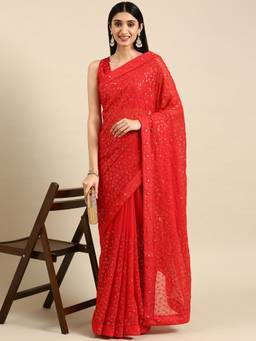 VAIRAGEE - Red Floral Embroidered Georgette Celebrity Saree with Unstitched Blouse